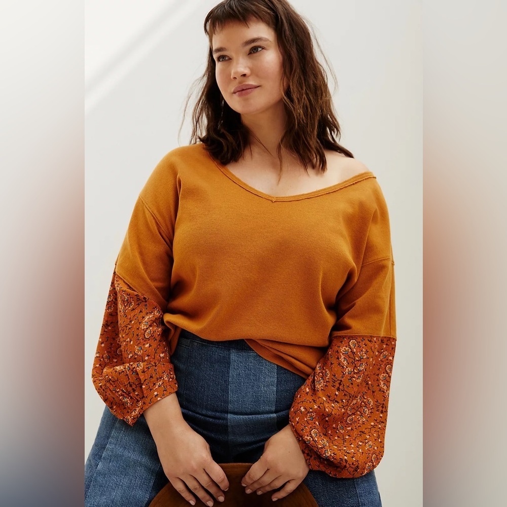 Anthropologie Mustard Floral-Sleeve Long Sleeve Top